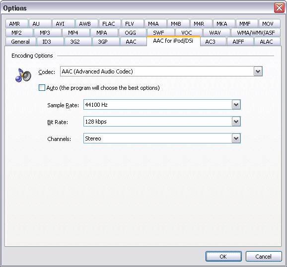 AAC for iPod/DSi Options