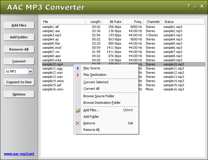 Convert 90 audio and video file formats to AAC, WAV, MP3, WMA, OGG, and M4A.